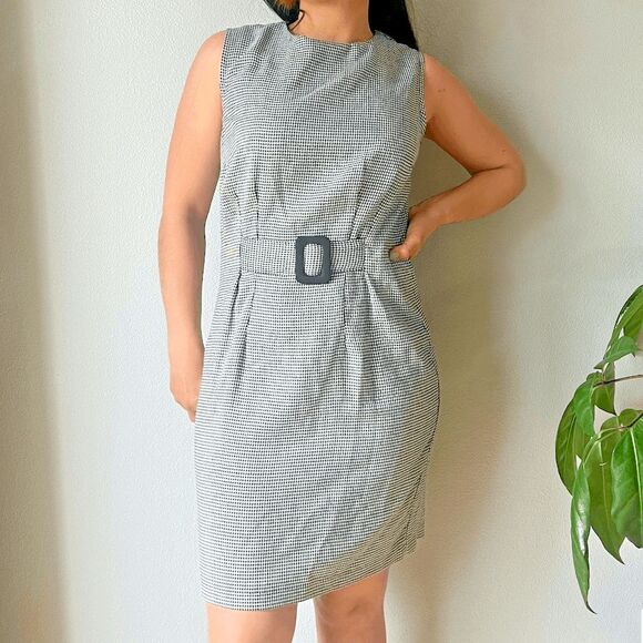 Vtg deadstock 90s Marnie West black‎ white houndstooth fitted belt dress size 10 - Picture 1 of 8